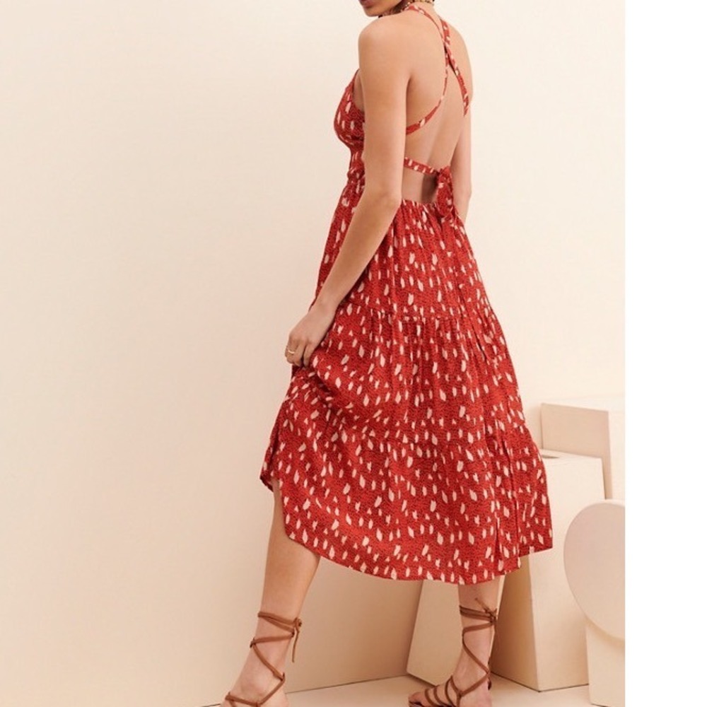 Beachgold Bali Red Abstract Print Tiered Midi Dress Boho Summer XS yy